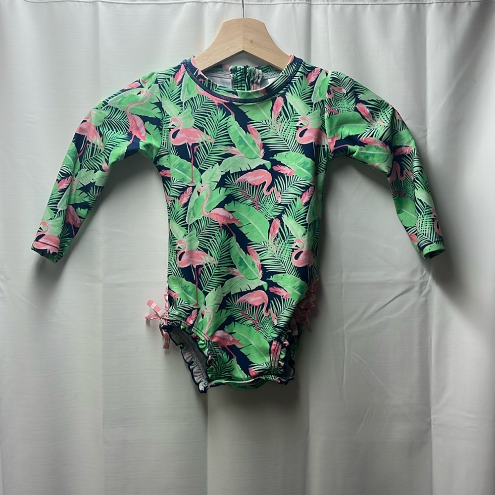 Ruffle Butts Pink Green Flamingo Tropical Print UPF 50 Swimsuit- 2T
